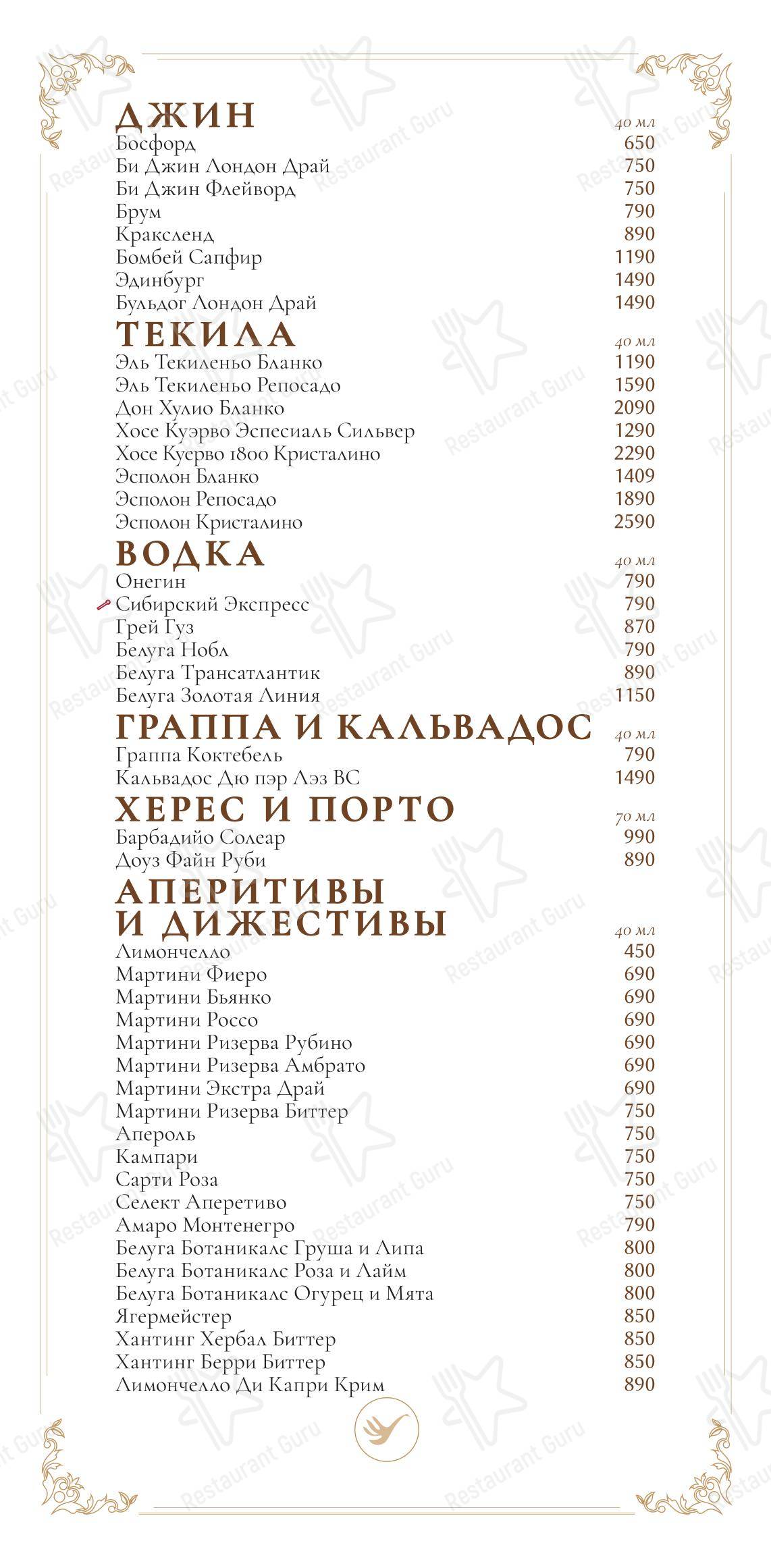 Меню ресторана Патрики