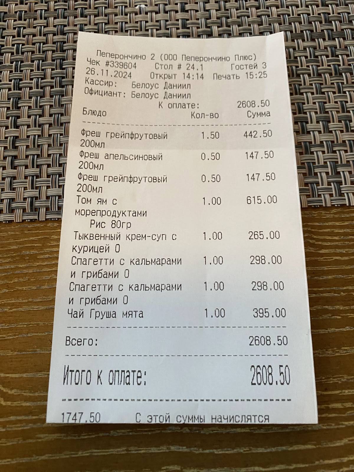 Пеперончино меню