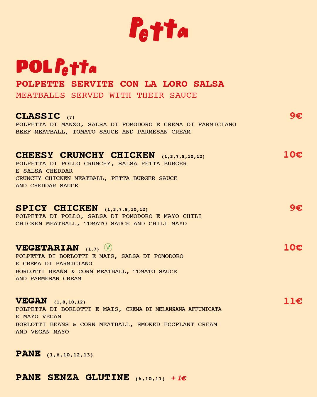 Petta Roma - Pasta e Polpetta меню