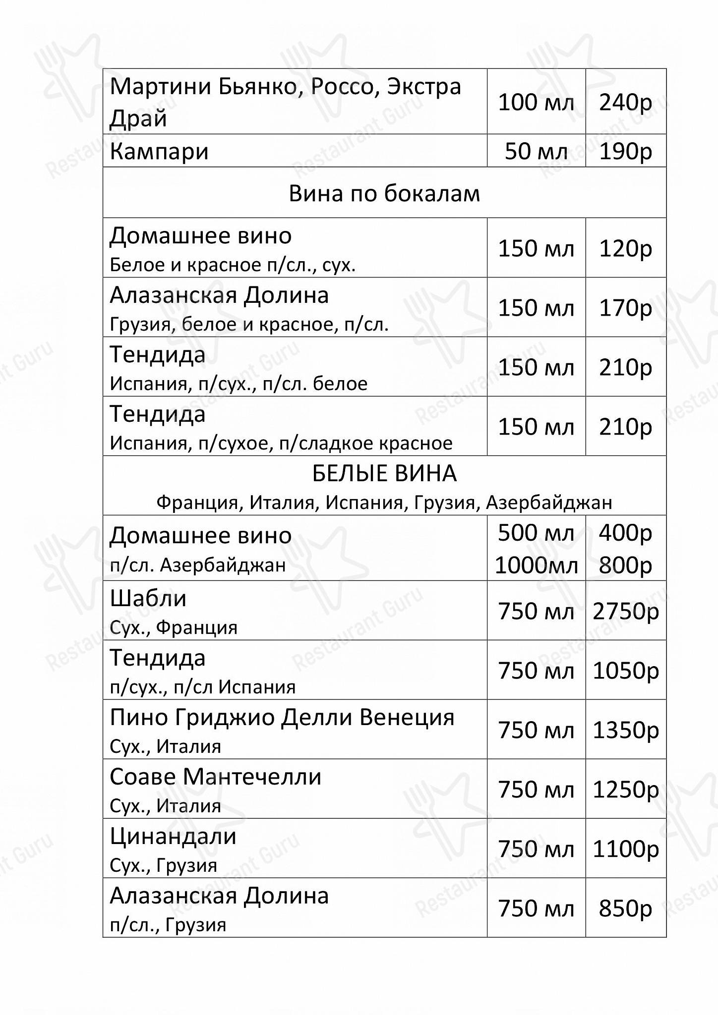 Меню напитков ресторана Picasso в Нижнем Новгороде