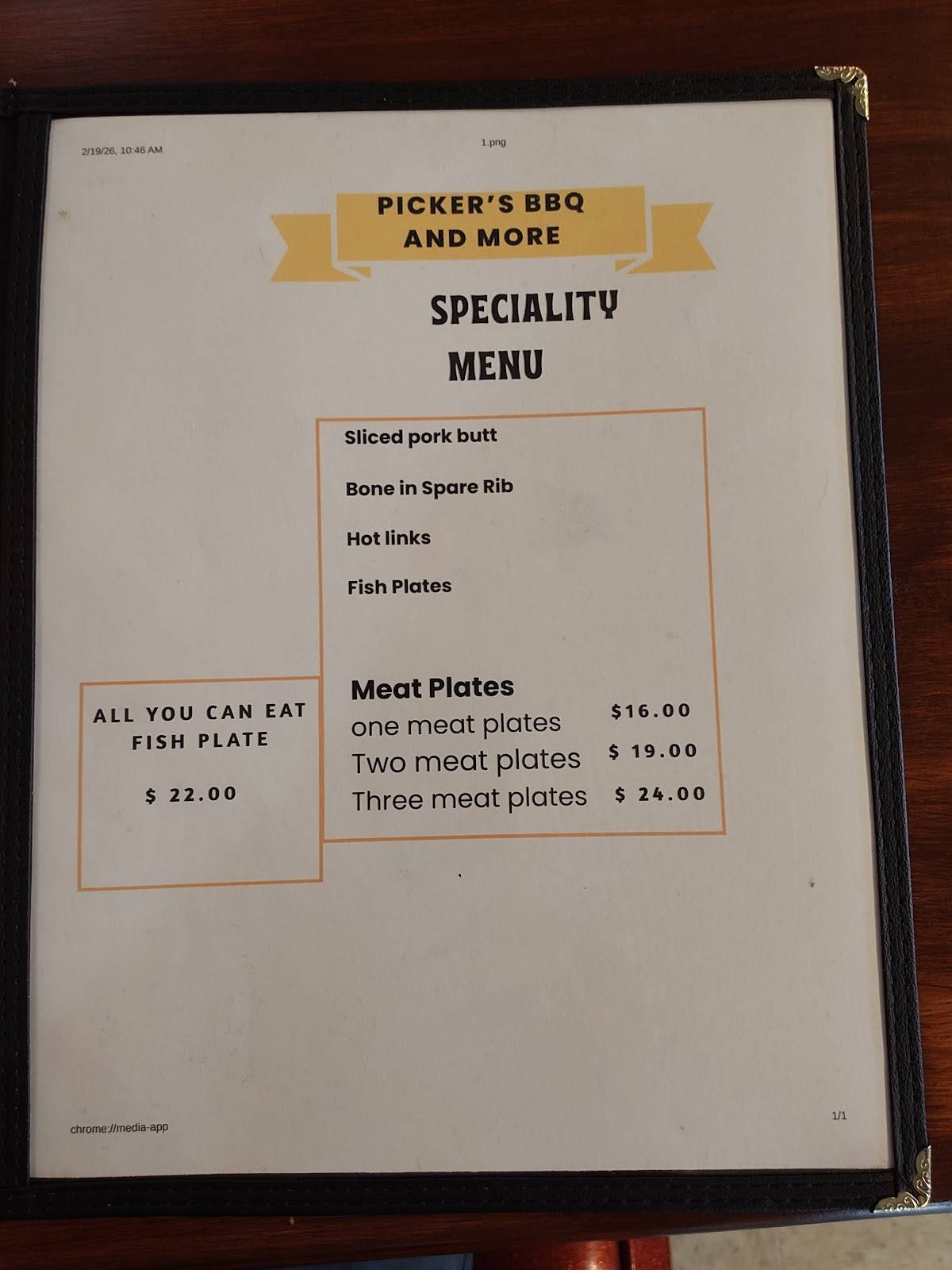 Picker's BBQ меню