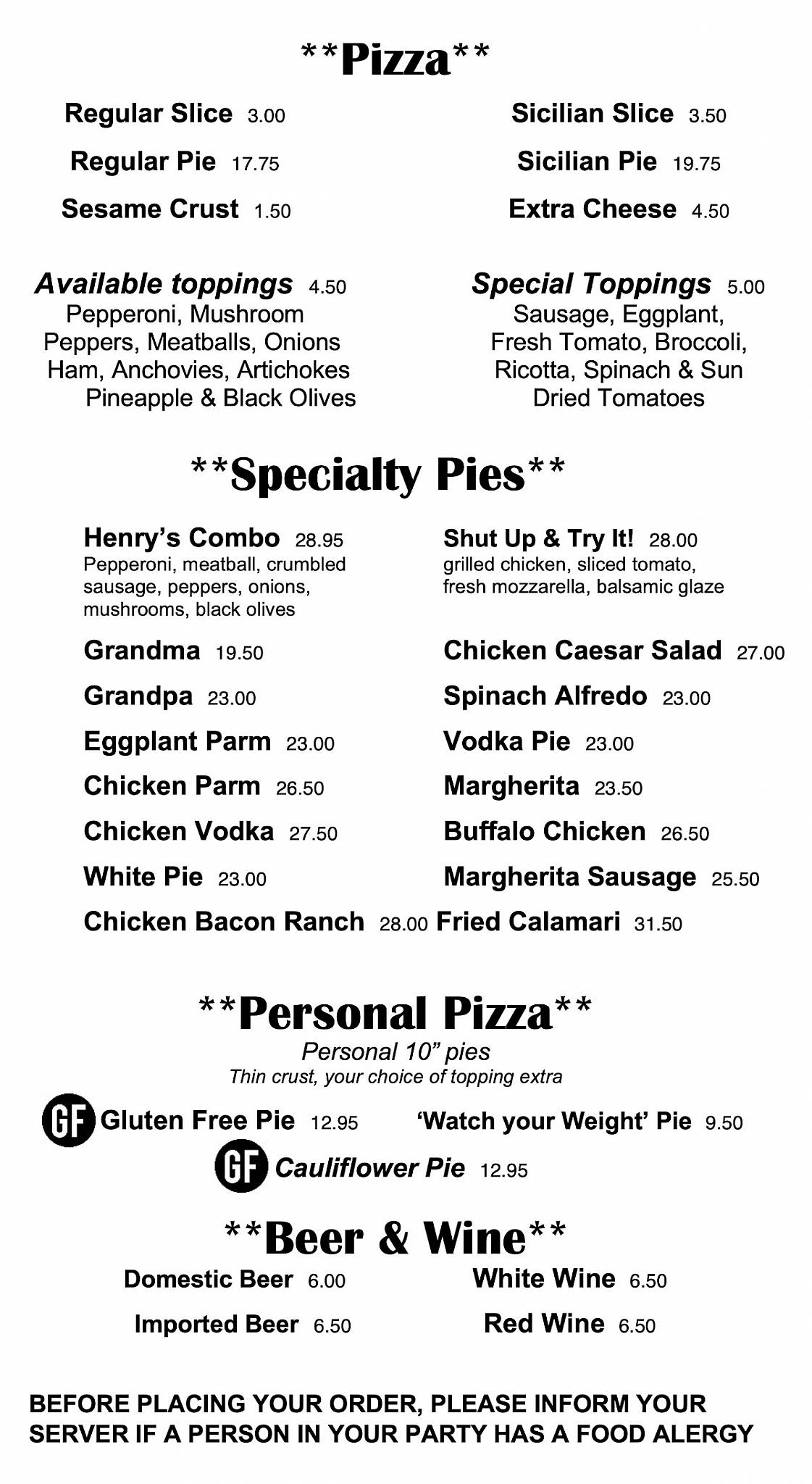 Henry's Pizza меню