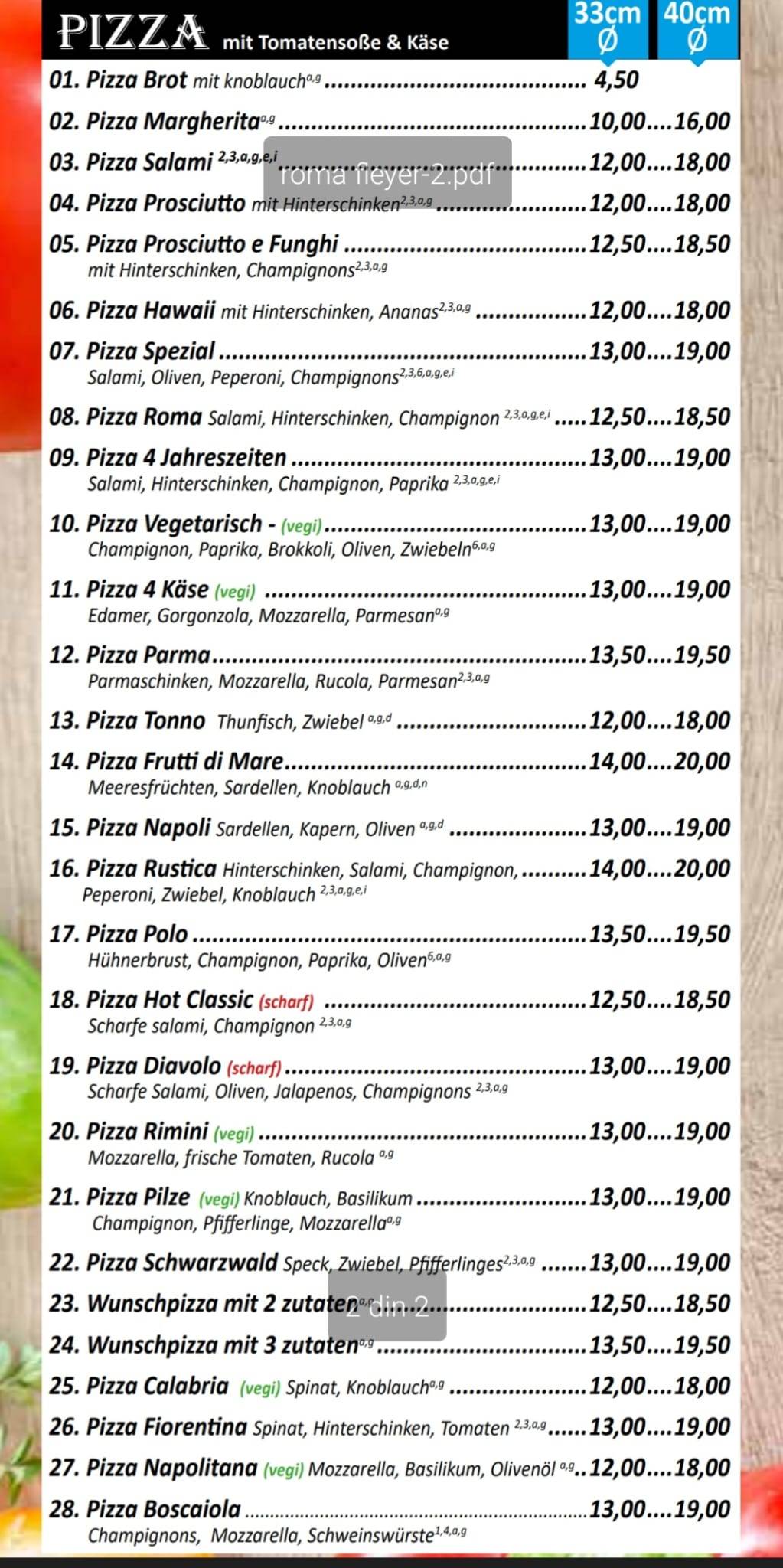 Pizzeria Roma меню