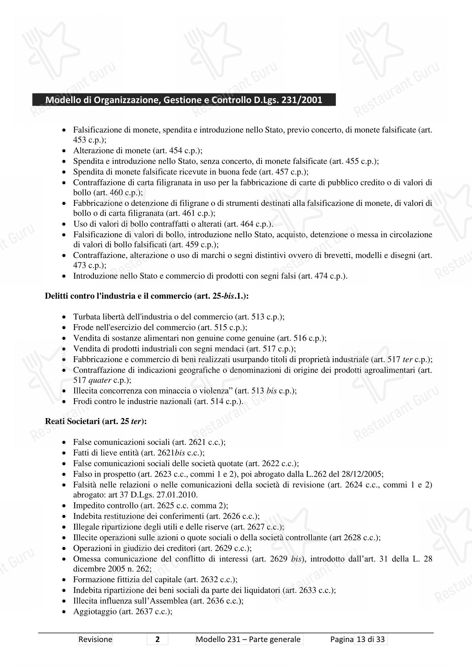 Основное меню ресторана Pizzium - Rimini в Римини