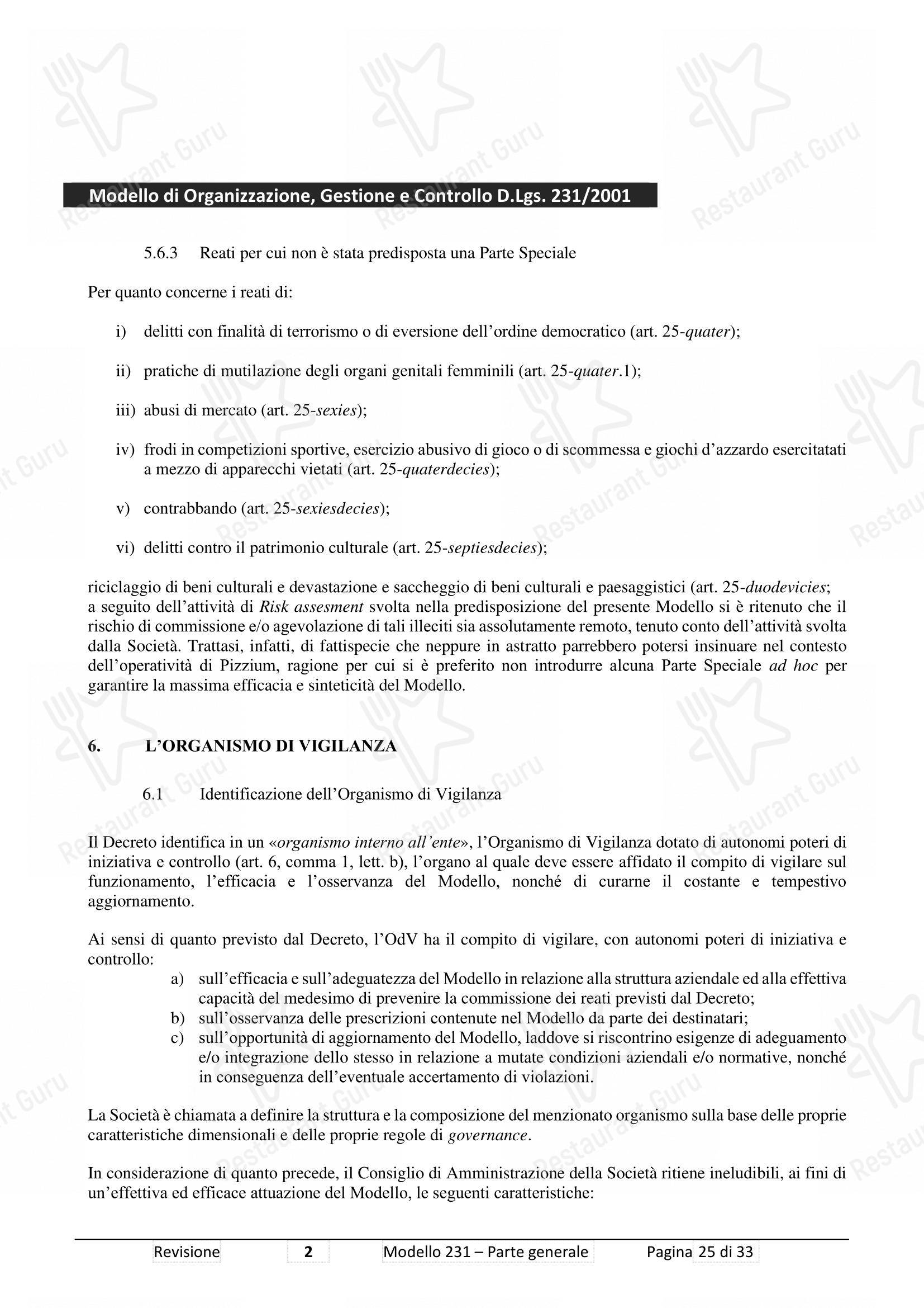 Меню ресторана Pizzium - Rimini - Основное меню