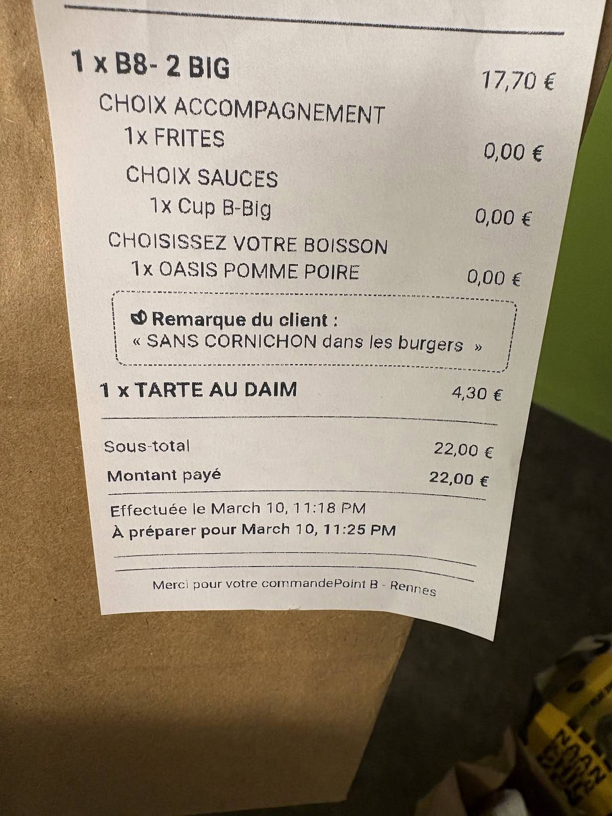 Point B Rennes меню
