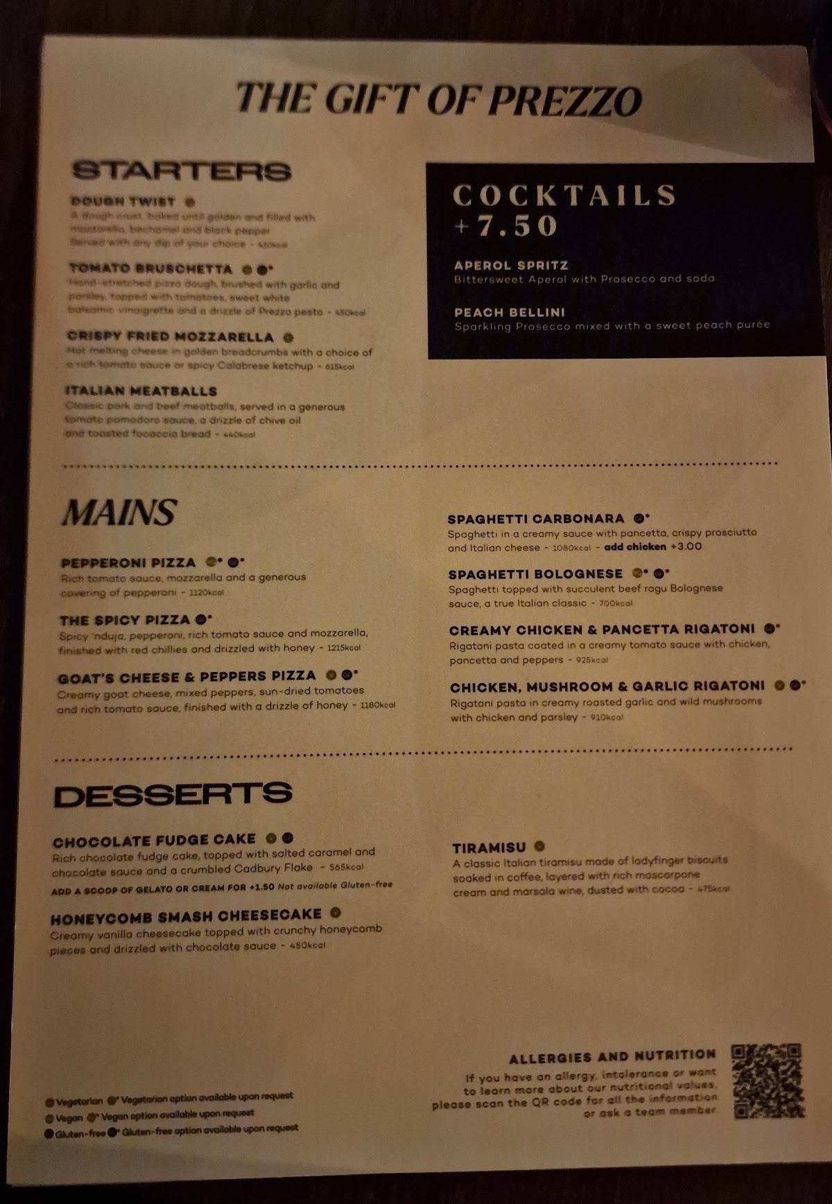 Prezzo Italian Restaurant Broadstairs меню