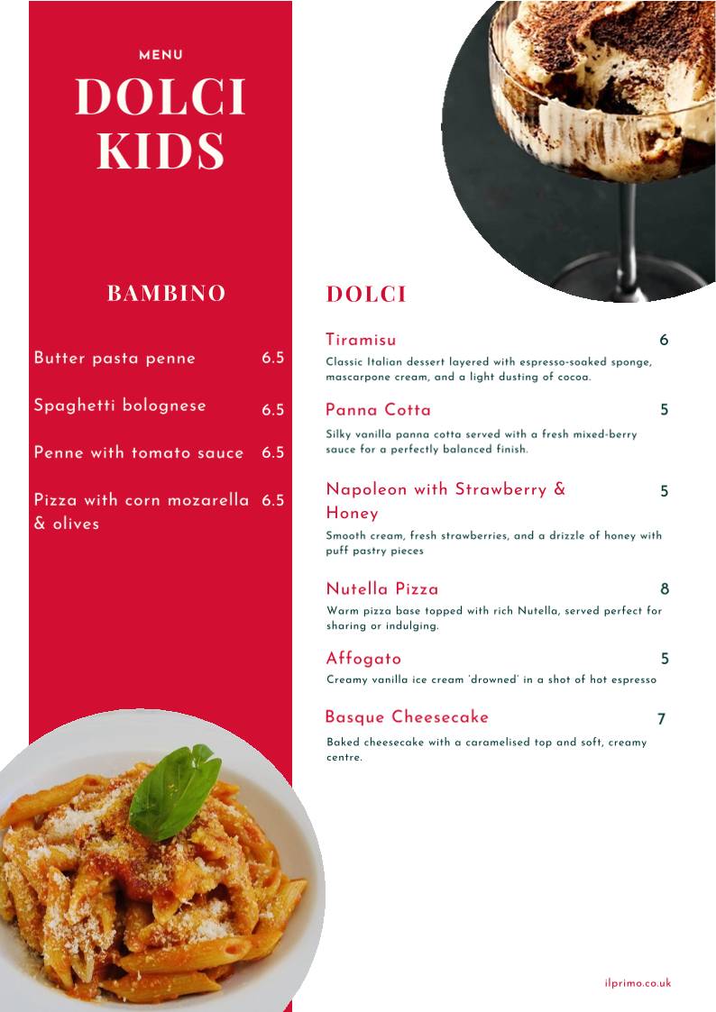 Primo Wood Fired Pizza & Pasta меню