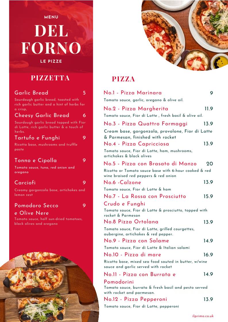 Primo Wood Fired Pizza & Pasta меню