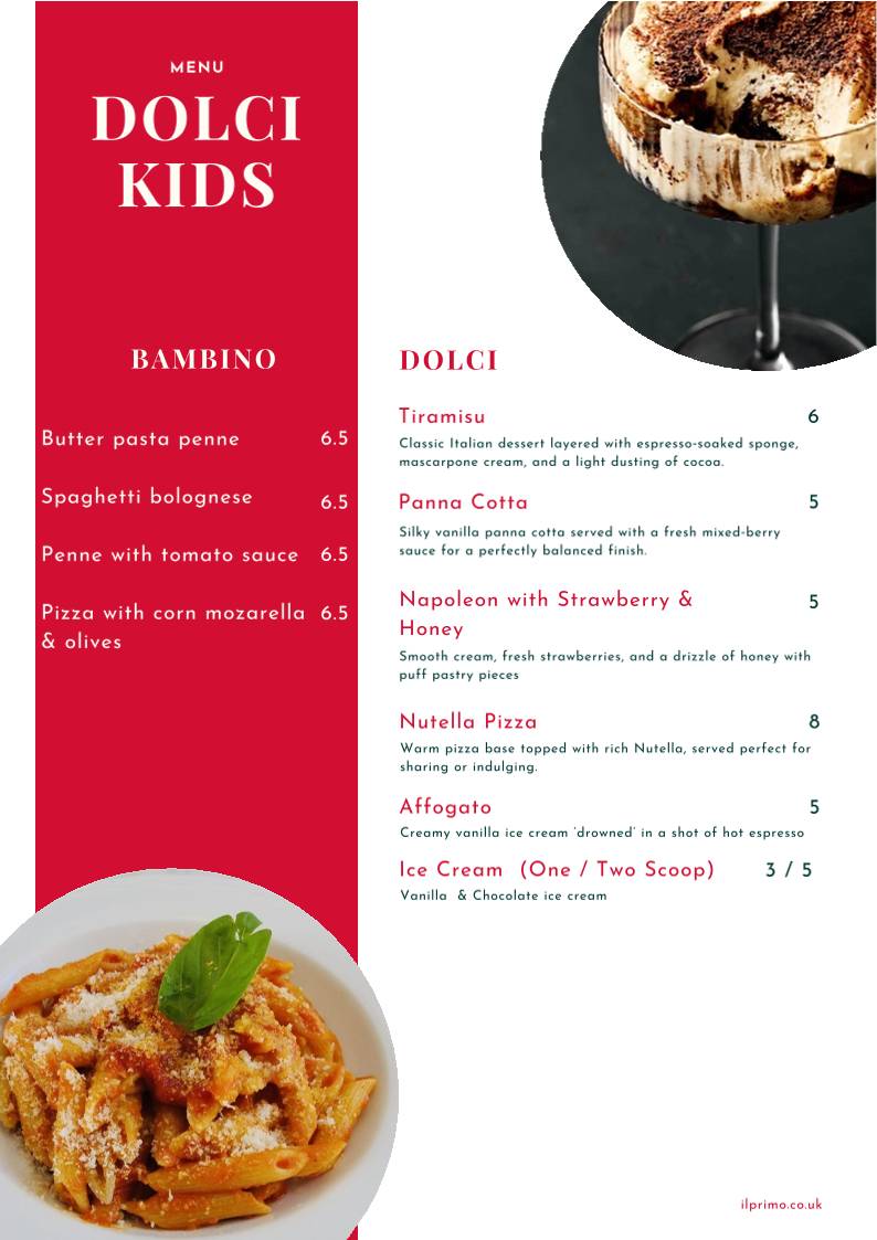 Primo Wood Fired Pizza & Pasta меню