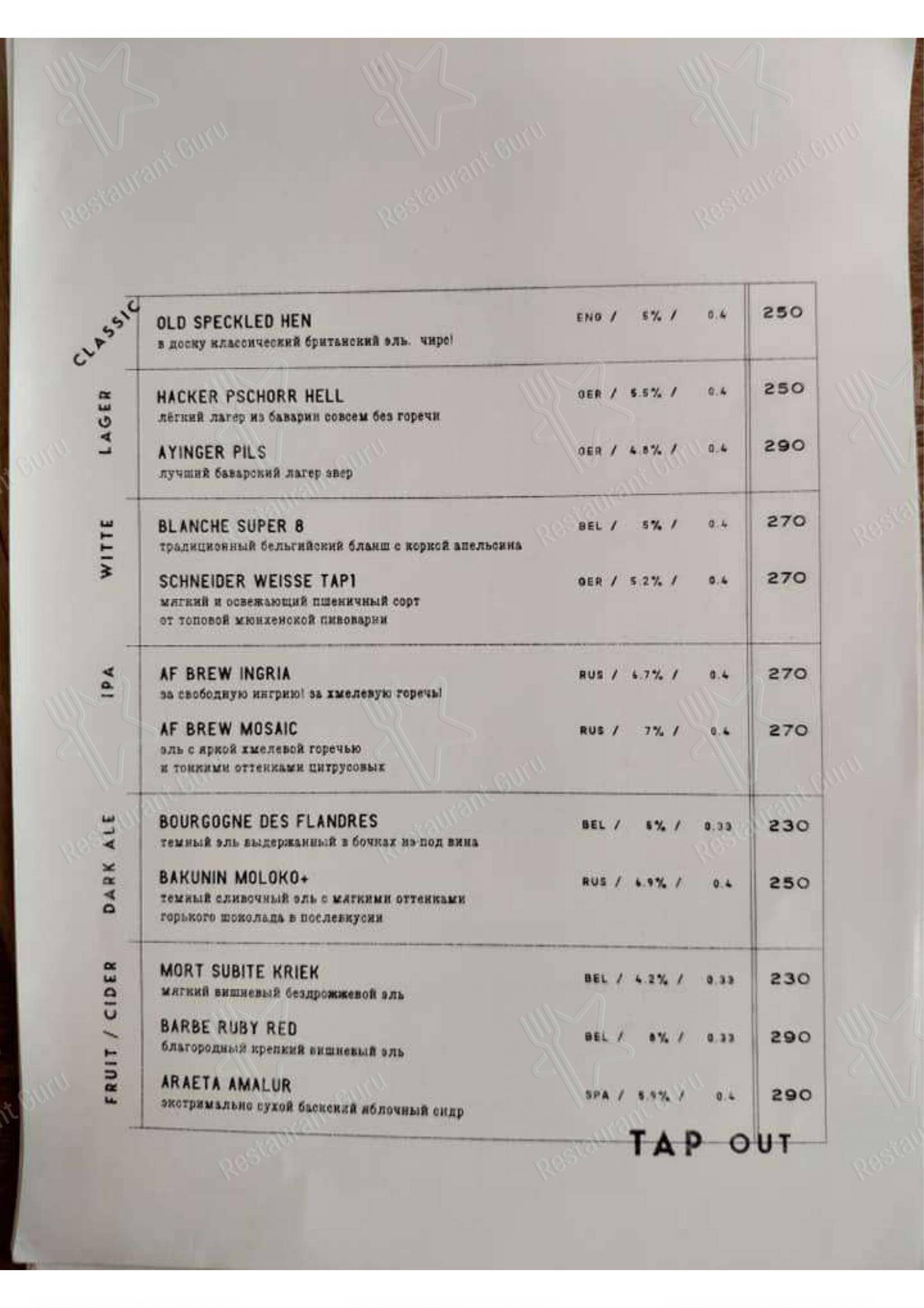 Меню для посетителей паба и бара Bar 76