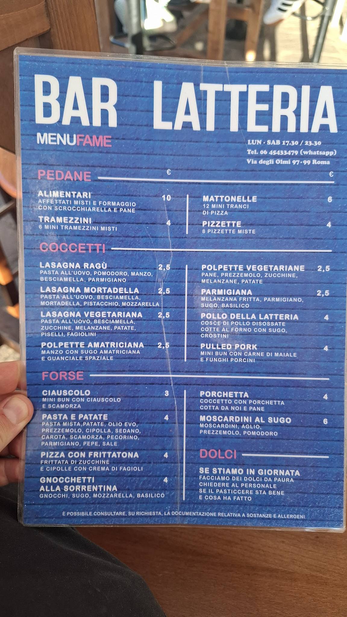 Bar Latteria меню