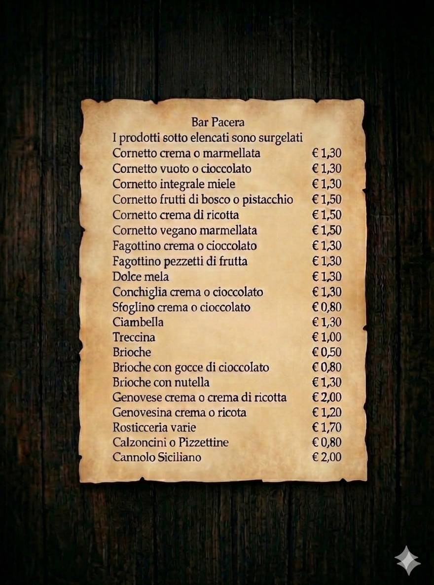 Bar Pacera меню
