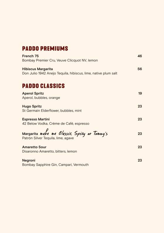 Paddo Inn меню