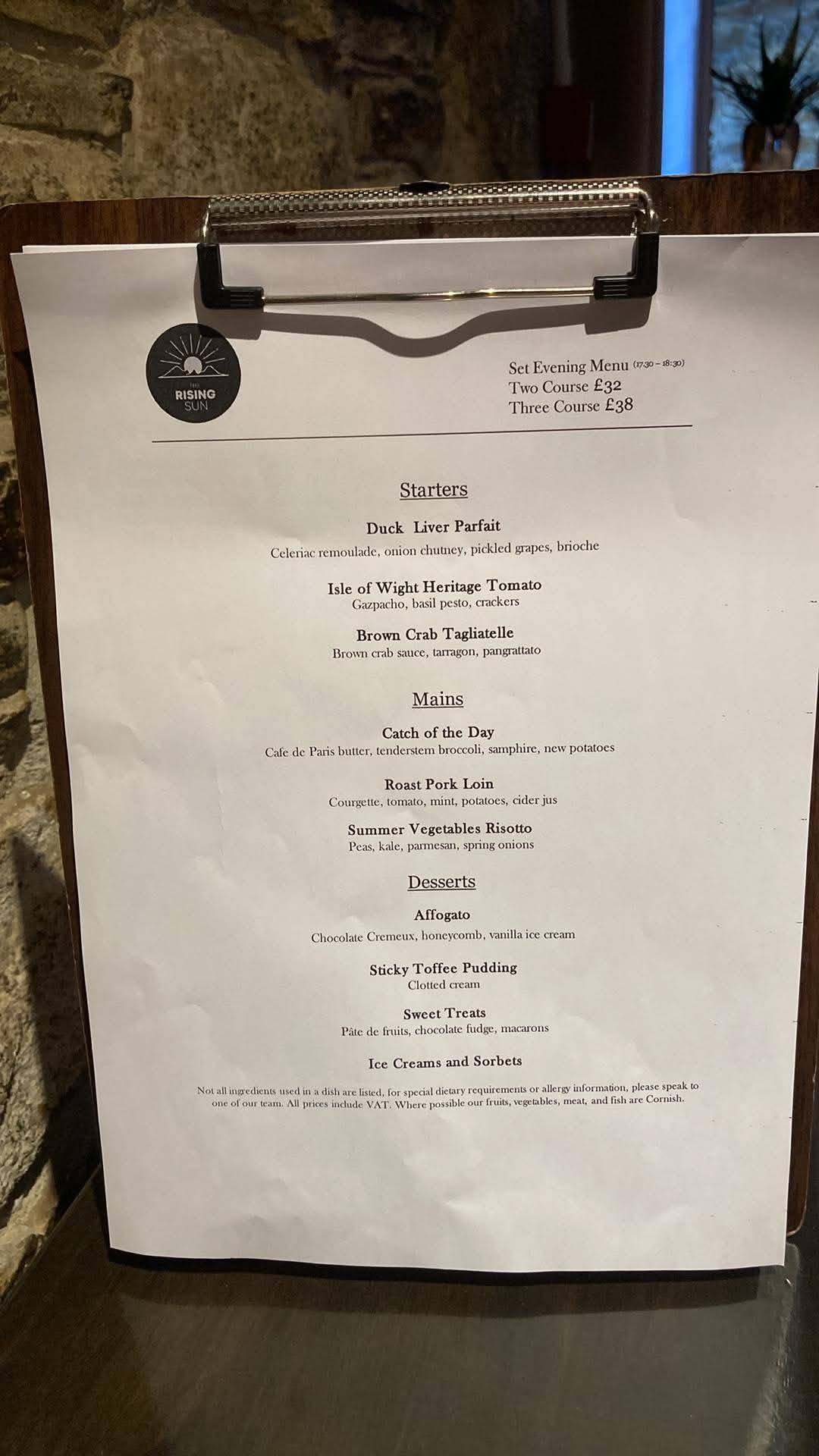 Rising Sun Inn Launceston меню