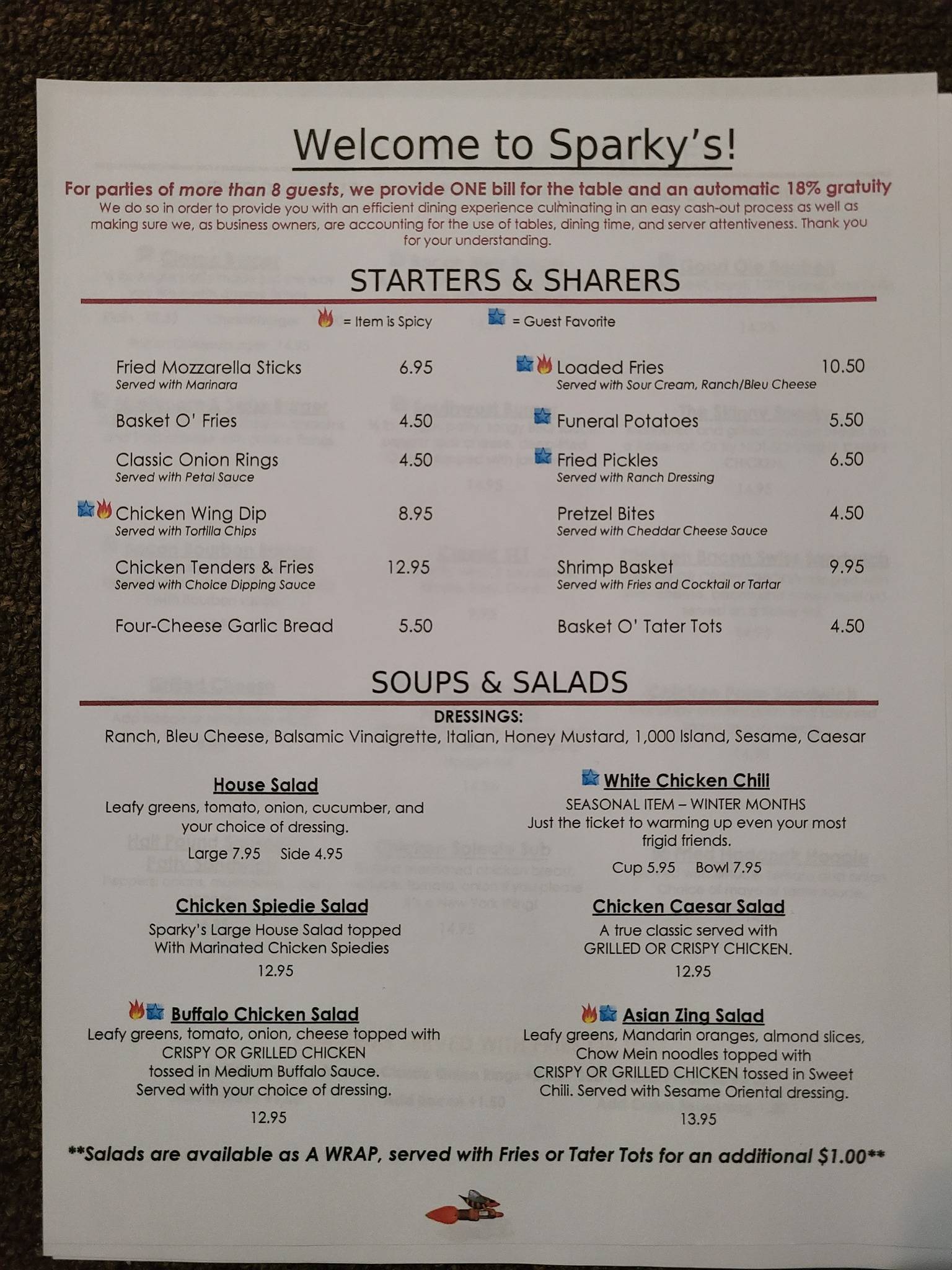Sparky's Pub & Grill меню