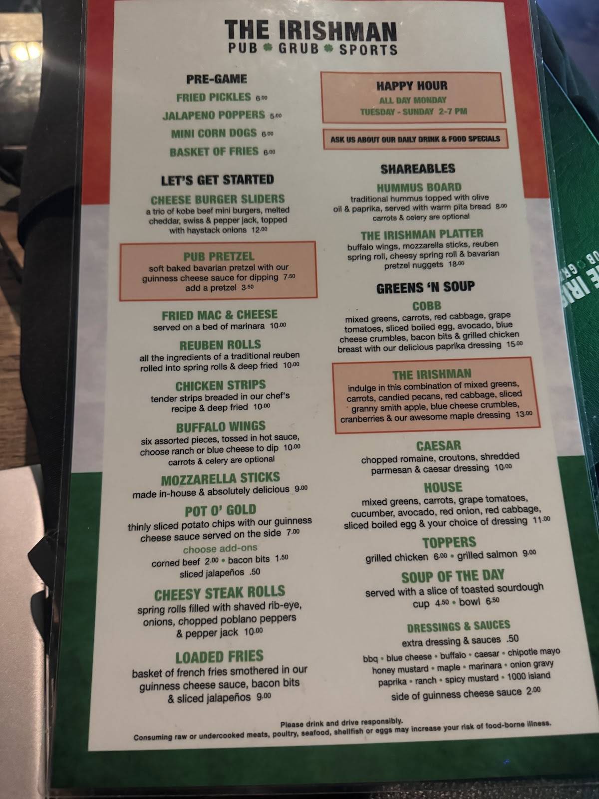 The Irishman Pub меню
