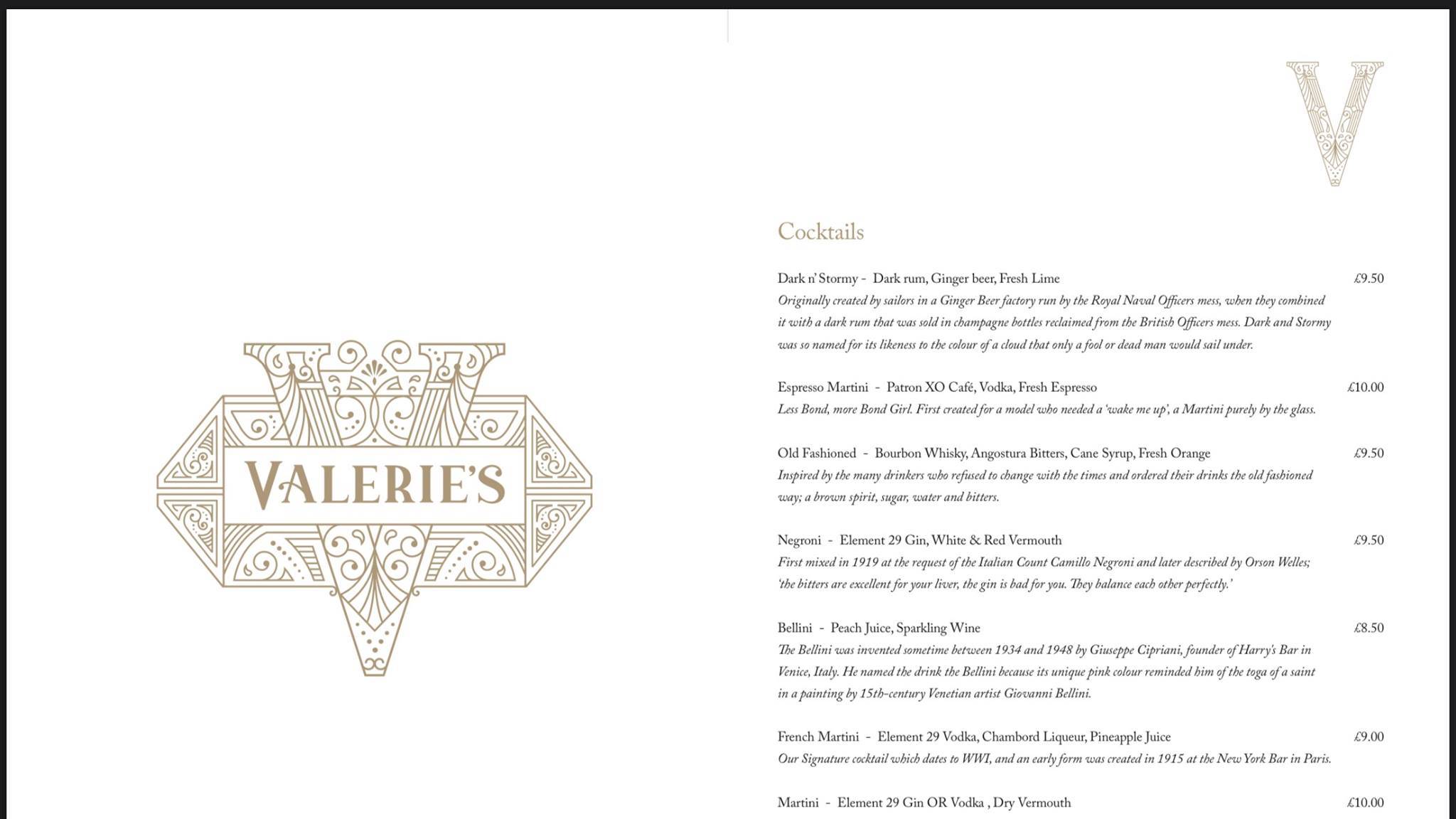 Valerie's Wine Bar меню