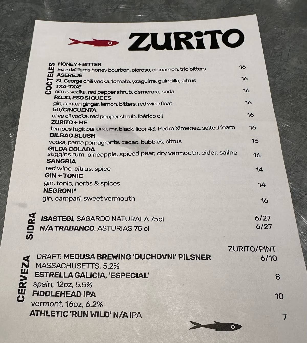 ZURiTO меню