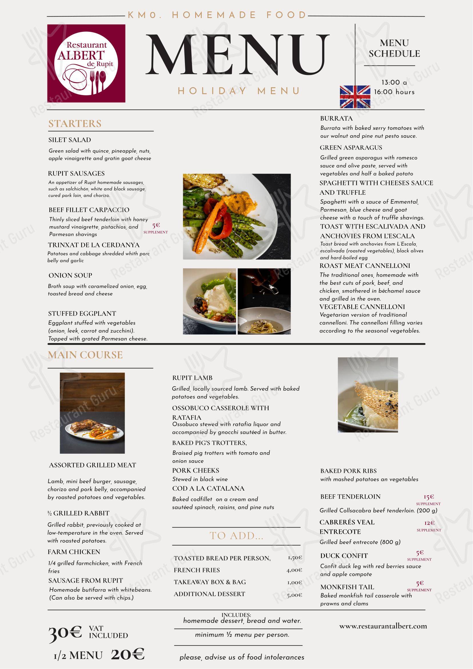 菜单 ресторана Restaurant Albert в Рупите