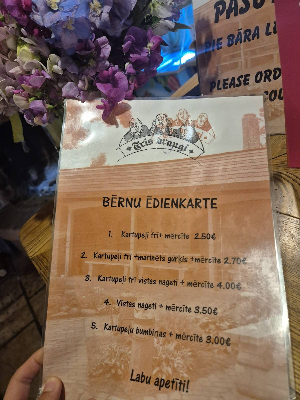 Bārs "Trīs Draugi" меню