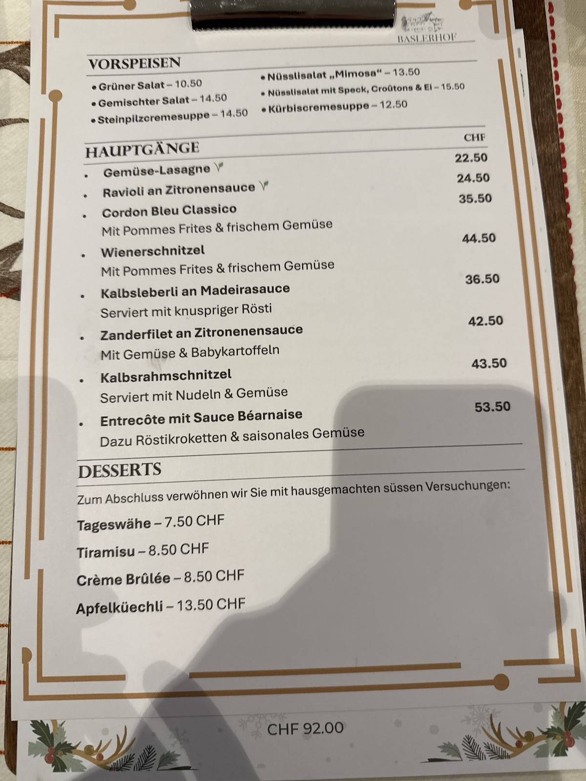 Restaurant Baslerhof Bettingen меню