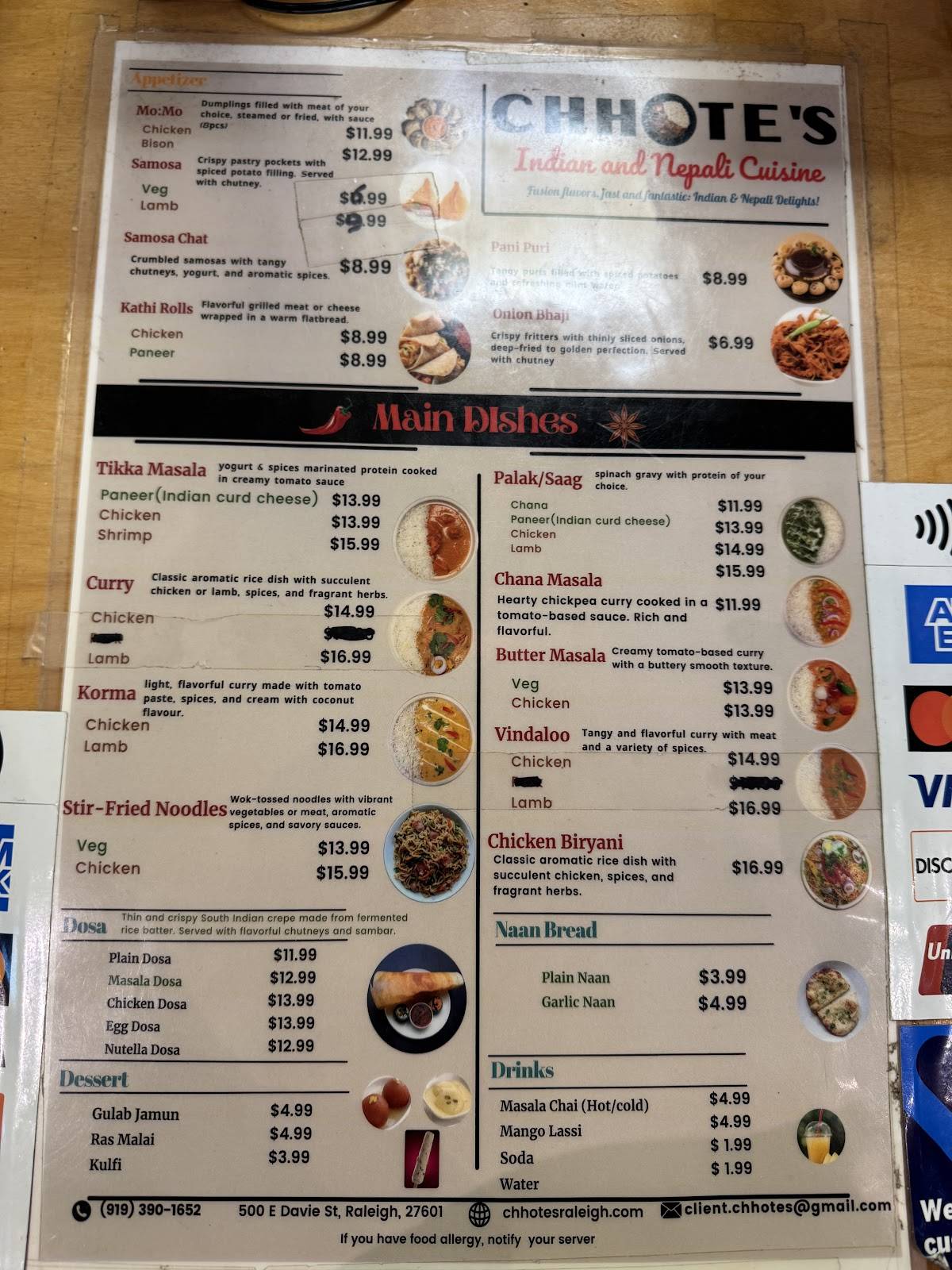 Chhote's Restaurant меню