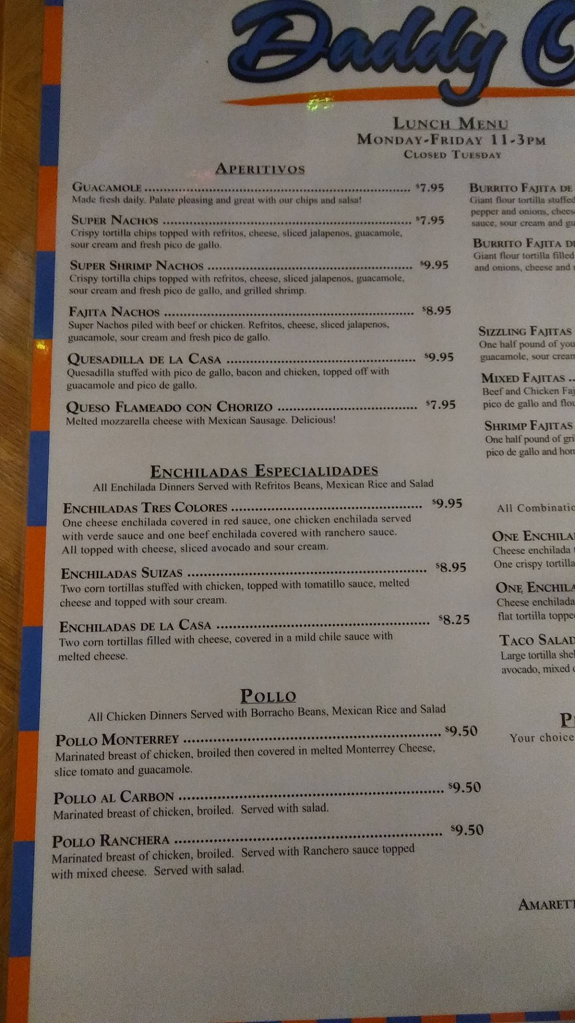 Daddy O Mexican Restaurant меню
