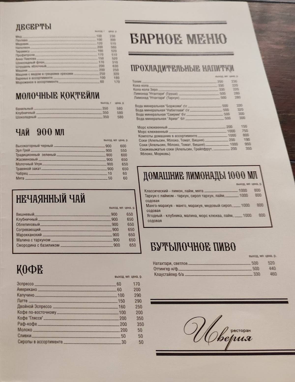 Иверия меню