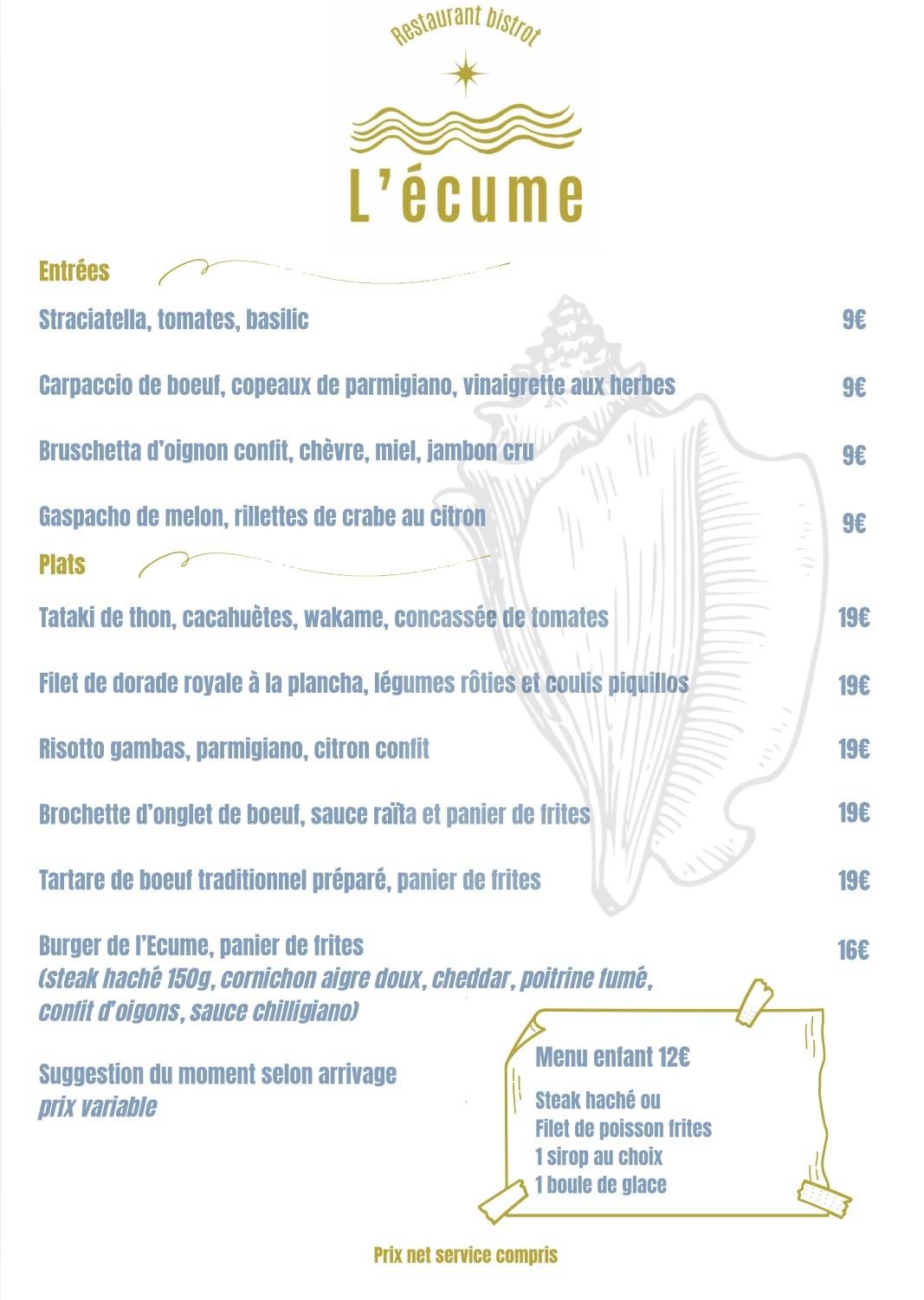 L'écume меню