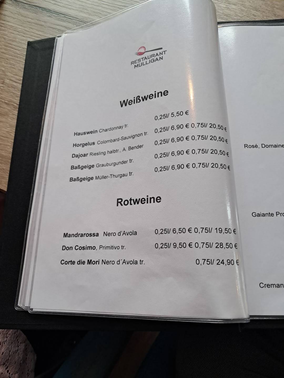 Restaurant Mulligan меню