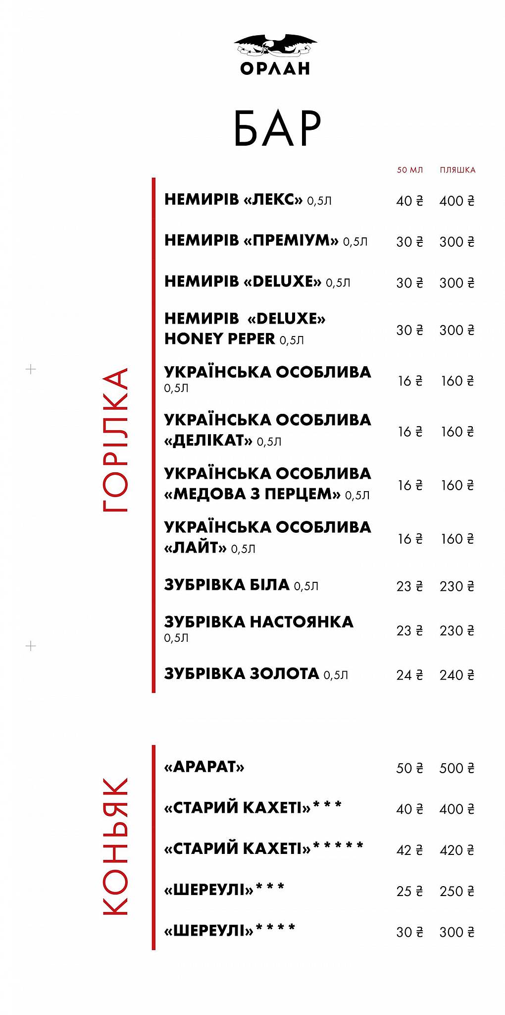 Орлан меню