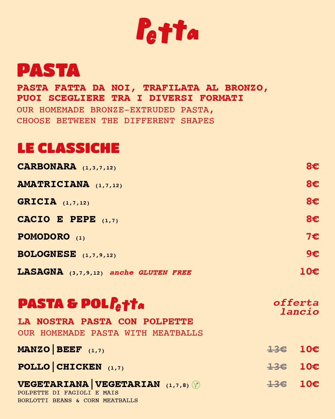 Petta Roma - Pasta e Polpetta меню