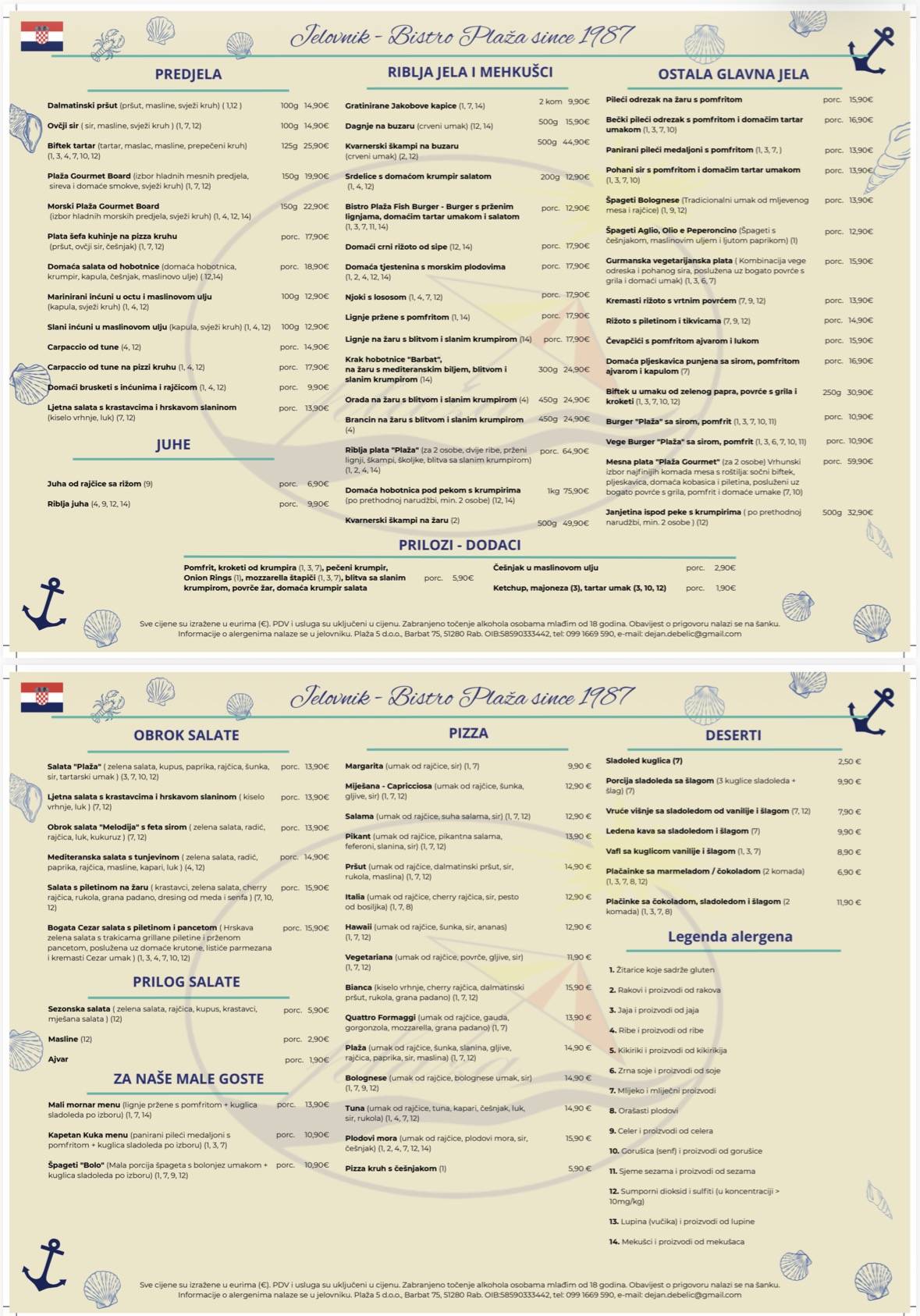 Bistro "Plaža" меню