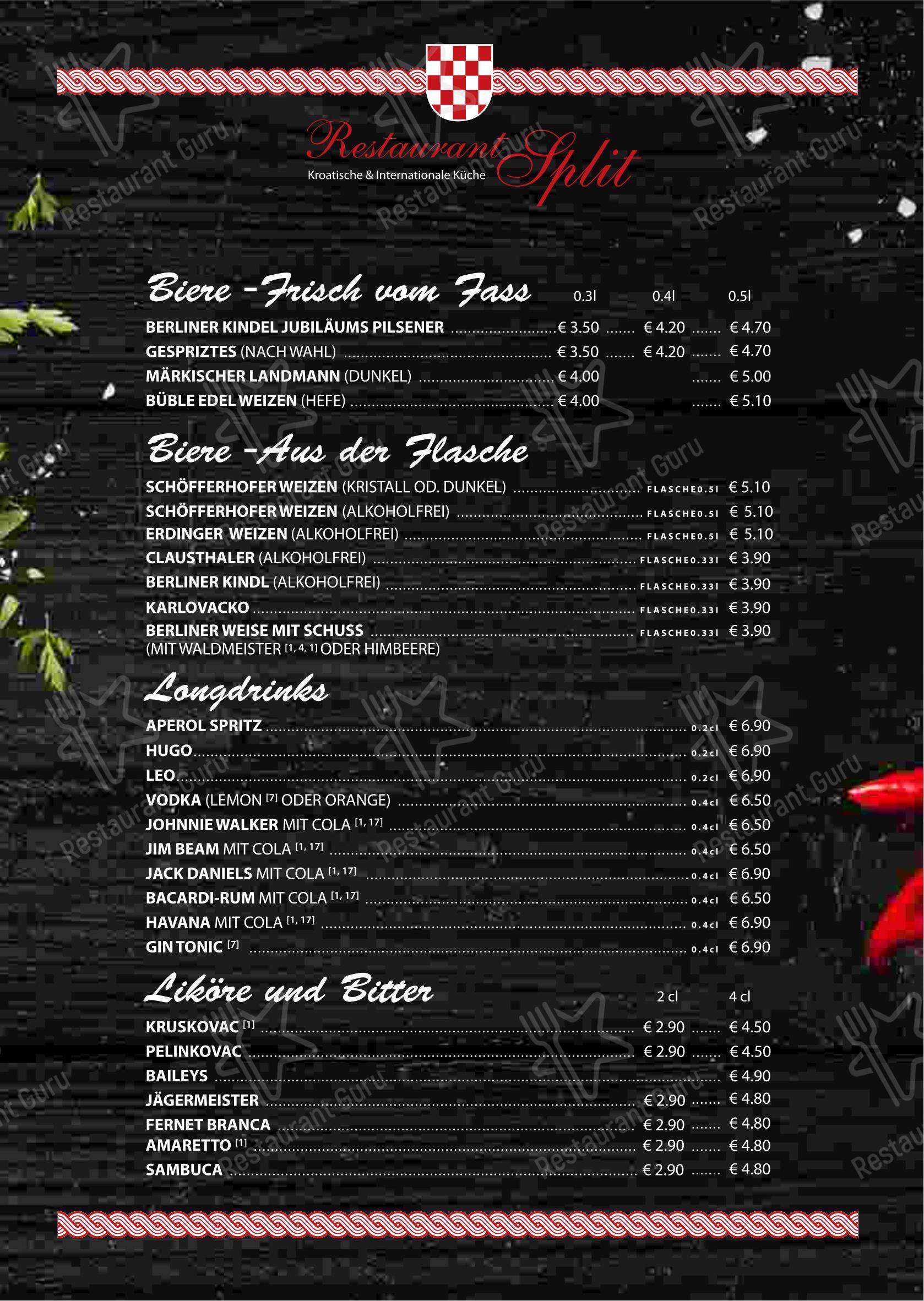 Меню ресторана Restaurant Split in Berlin