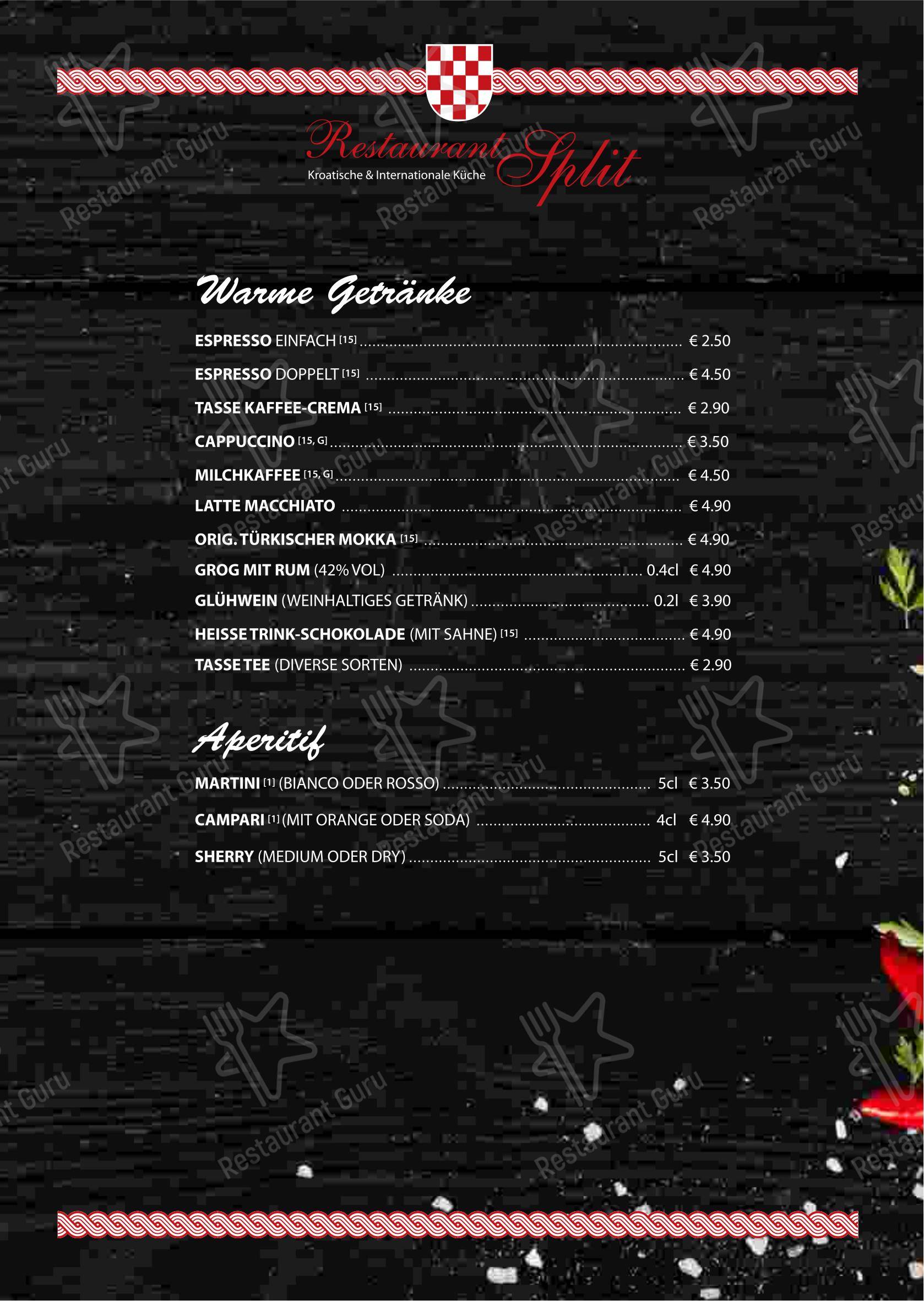 Меню ресторана Restaurant Split in Berlin в Берлине