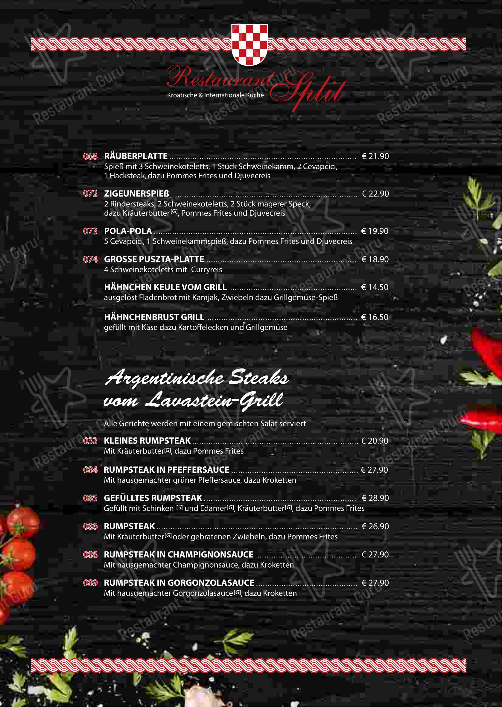 Меню ресторана Restaurant Split in Berlin в Берлине