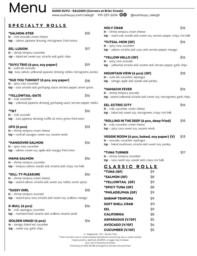 Sushi SUYU Raleigh меню