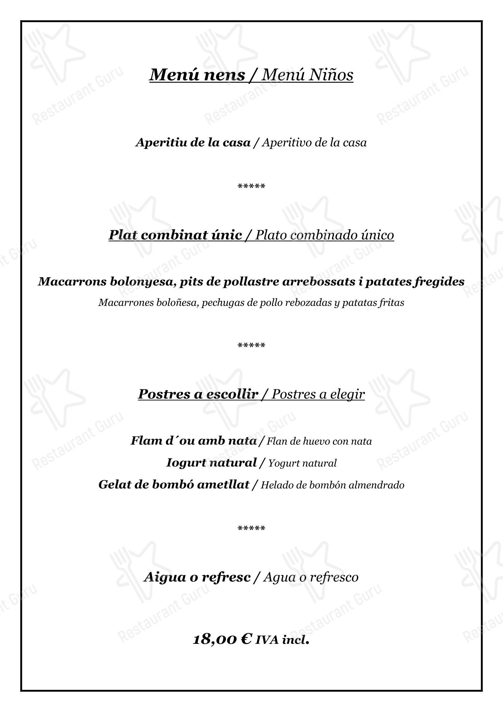 Меню ресторана Restaurant Tiku - Table Menu