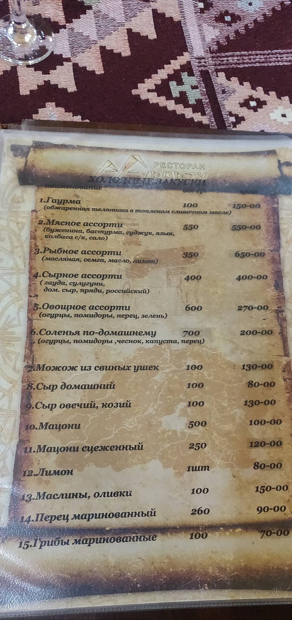 Урарту меню