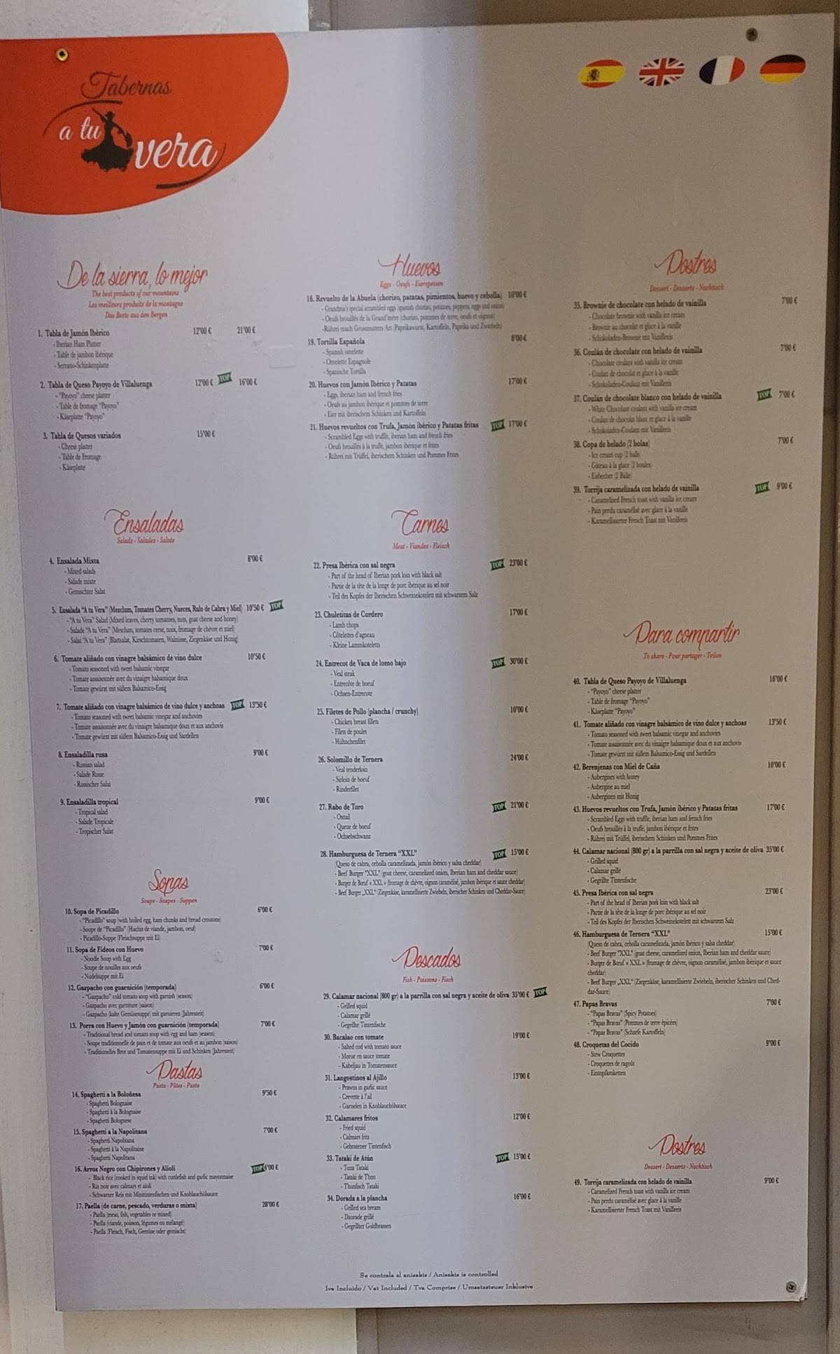 Restaurante A tu Vera меню
