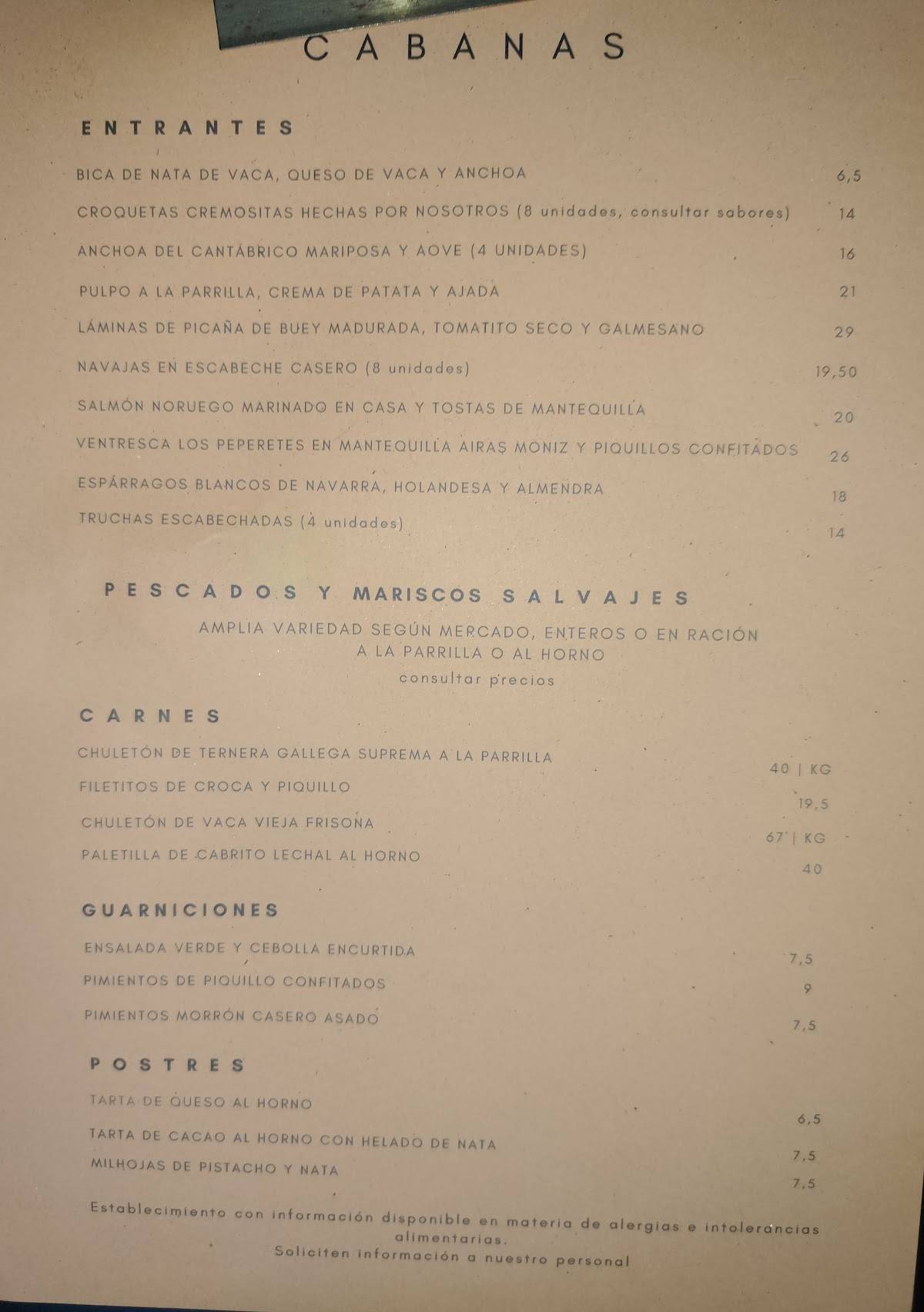 Restaurante Cabanas меню