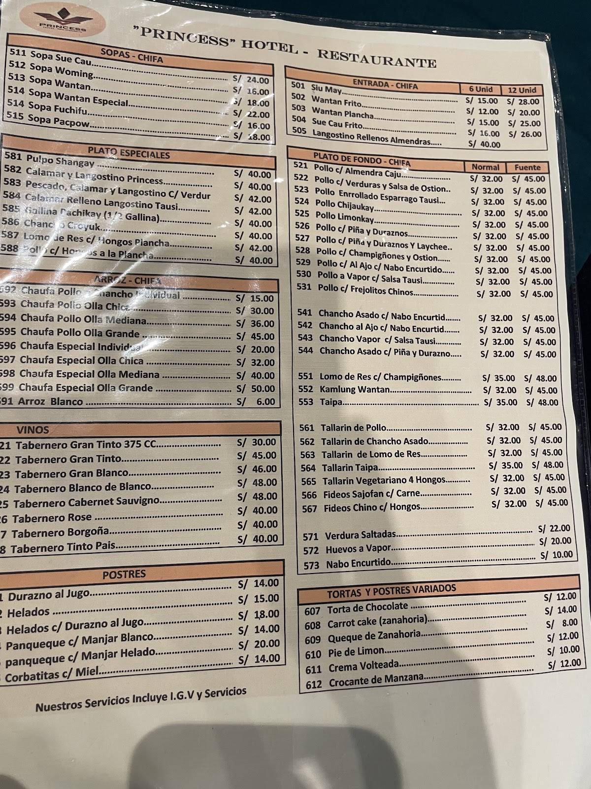 Restaurante Princess меню