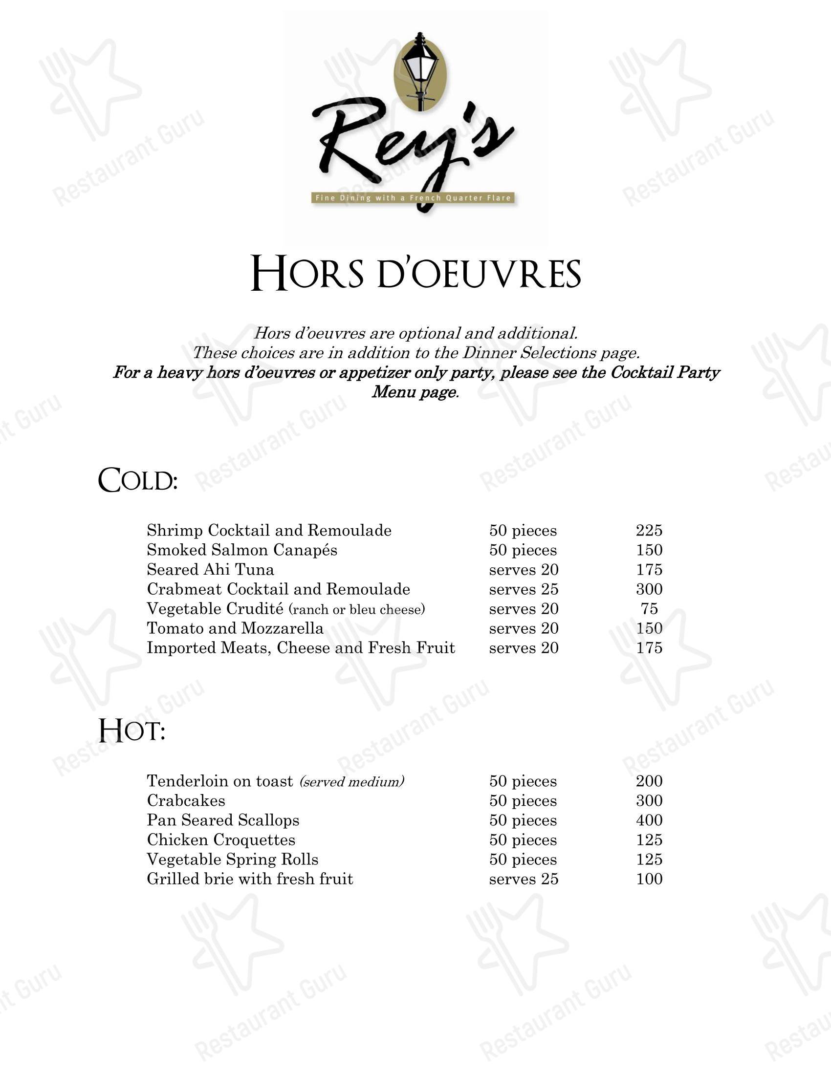Меню паба и бара Rey's Restaurant
