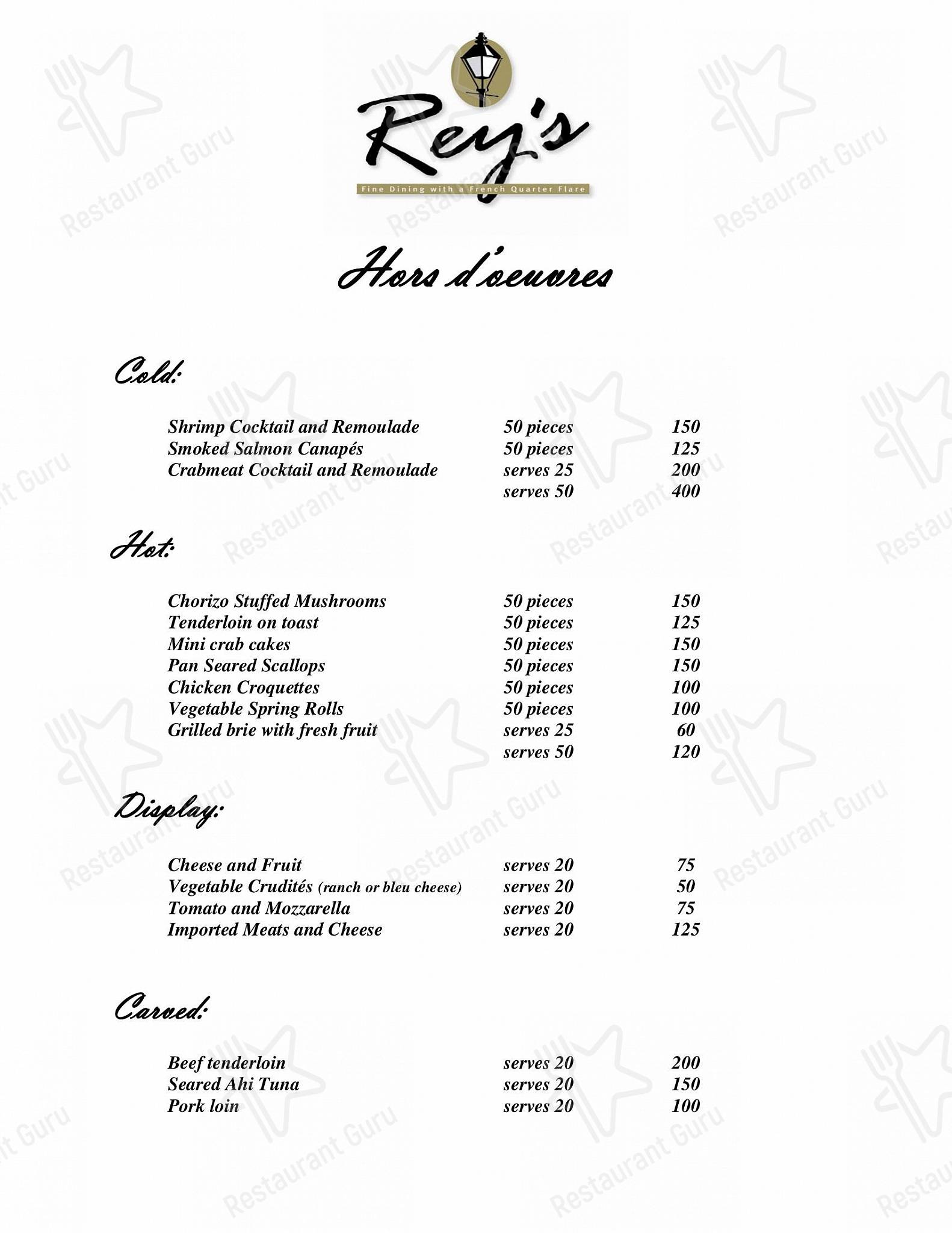 Меню паба и бара Rey's Restaurant - Dinner Menu