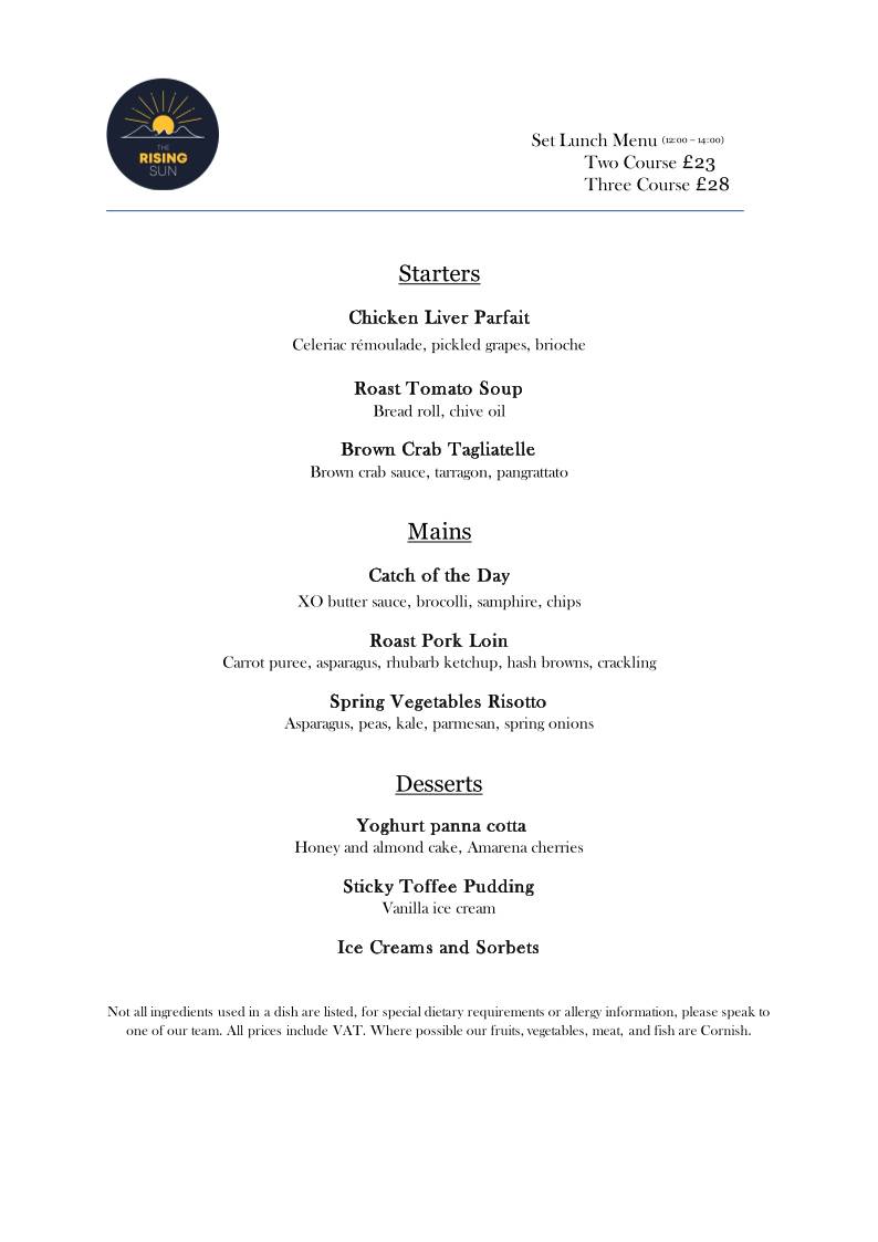 Rising Sun Inn Launceston меню