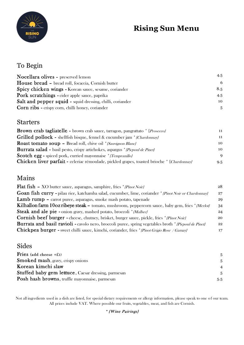 Rising Sun Inn Launceston меню