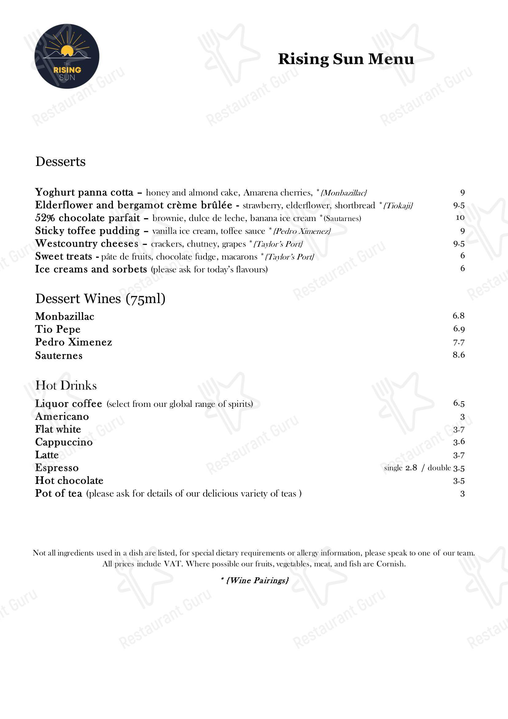 Меню напитков паба и бара Rising Sun Inn Launceston в Алтарнане