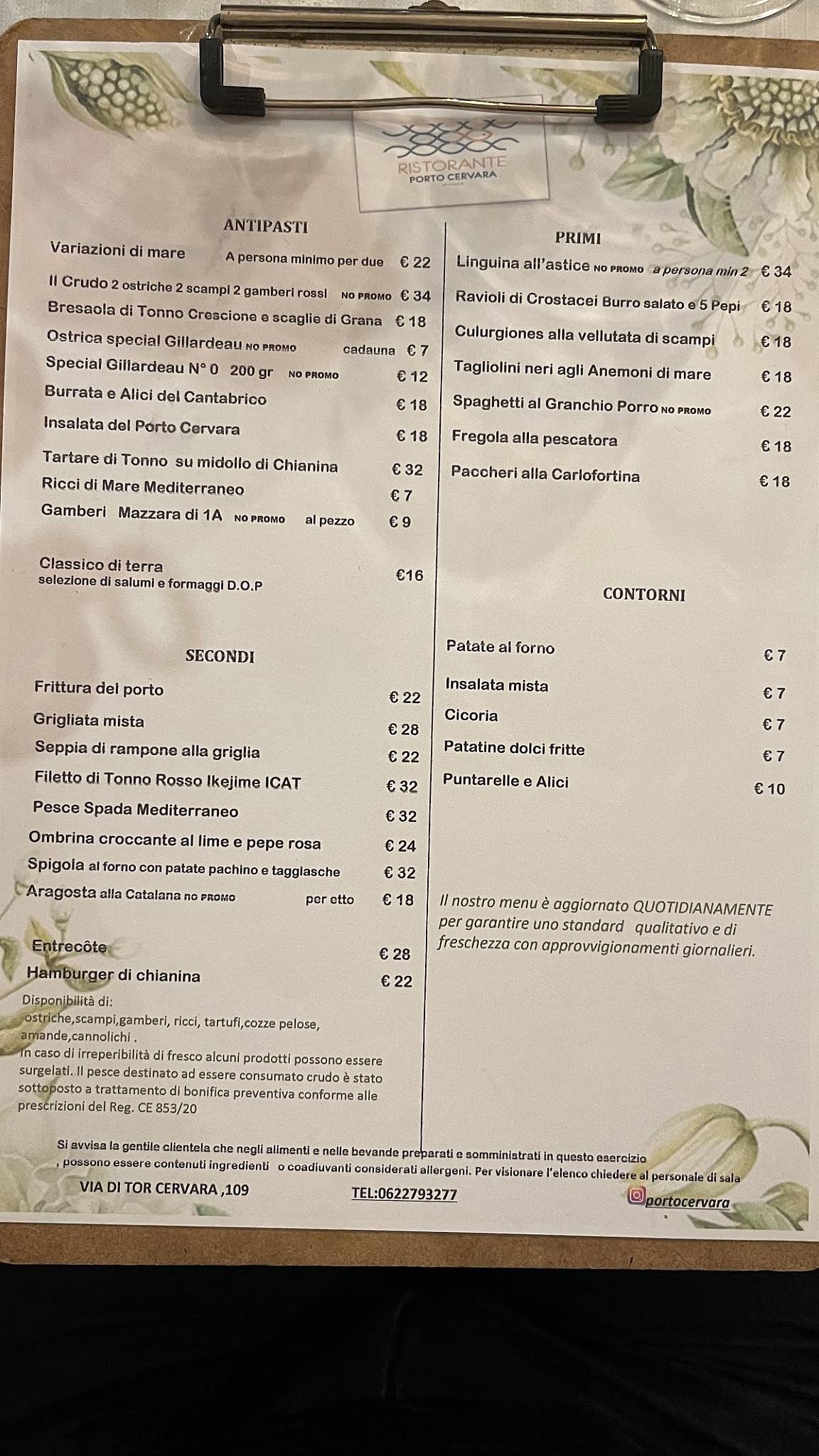 Ristorante Porto Cervara Roma меню