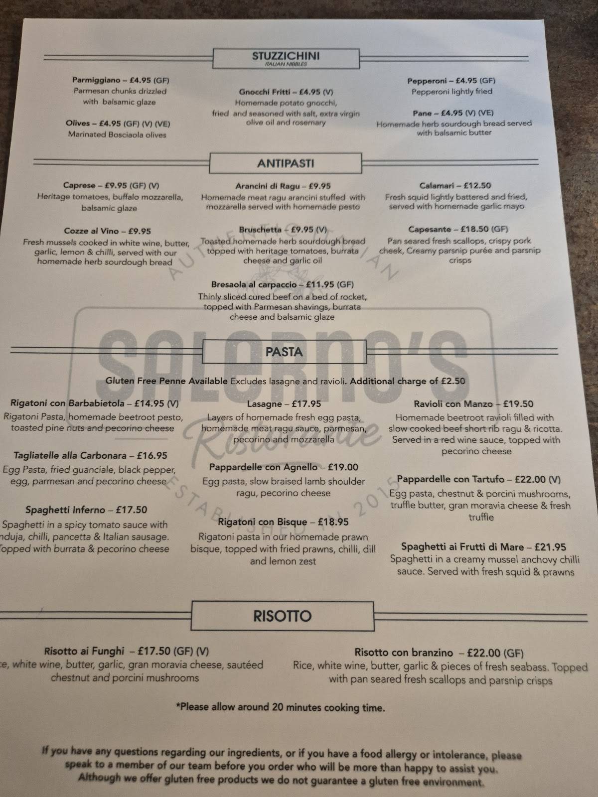 Salerno's меню